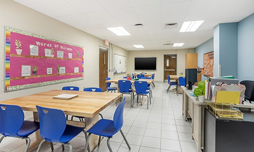 classroom furnished to look like a kitchen