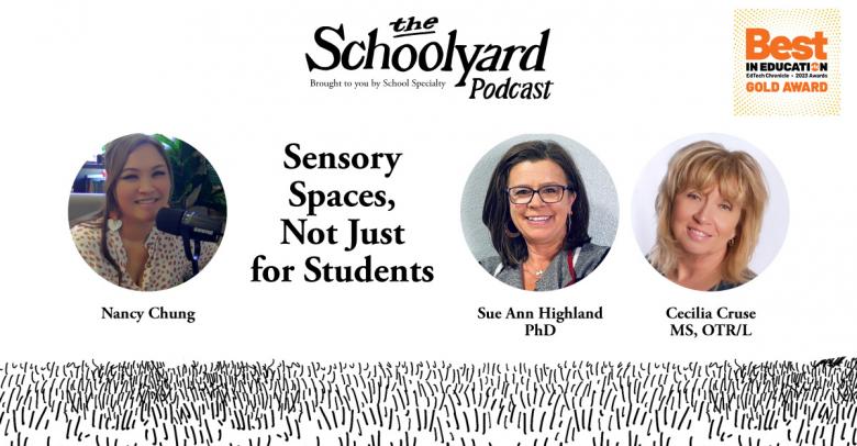 banner graphic for blog article on schoolyard podcast featuring host nancy chung and guests sue ann highland and cecilia cruse, award winning badge in corner