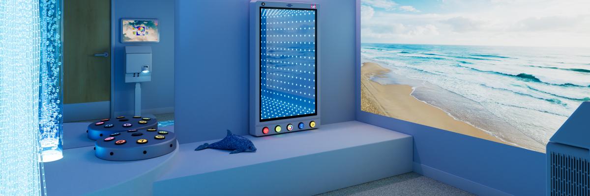 sensory room with a blue theme and visual stimulation from snoezelen brand products