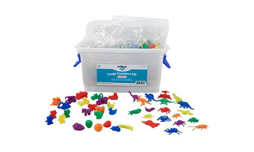 colorful math manipulatives for counting practice and plastic storage bin