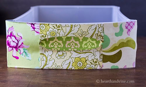 plastic drawer decorated with fabric and mod podge
