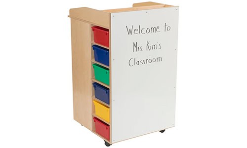 mobile teacher's podium with wheels, colorful baskets, and a whiteboard on the front
