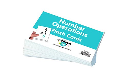 stack of flash cards, top one showing number operations
