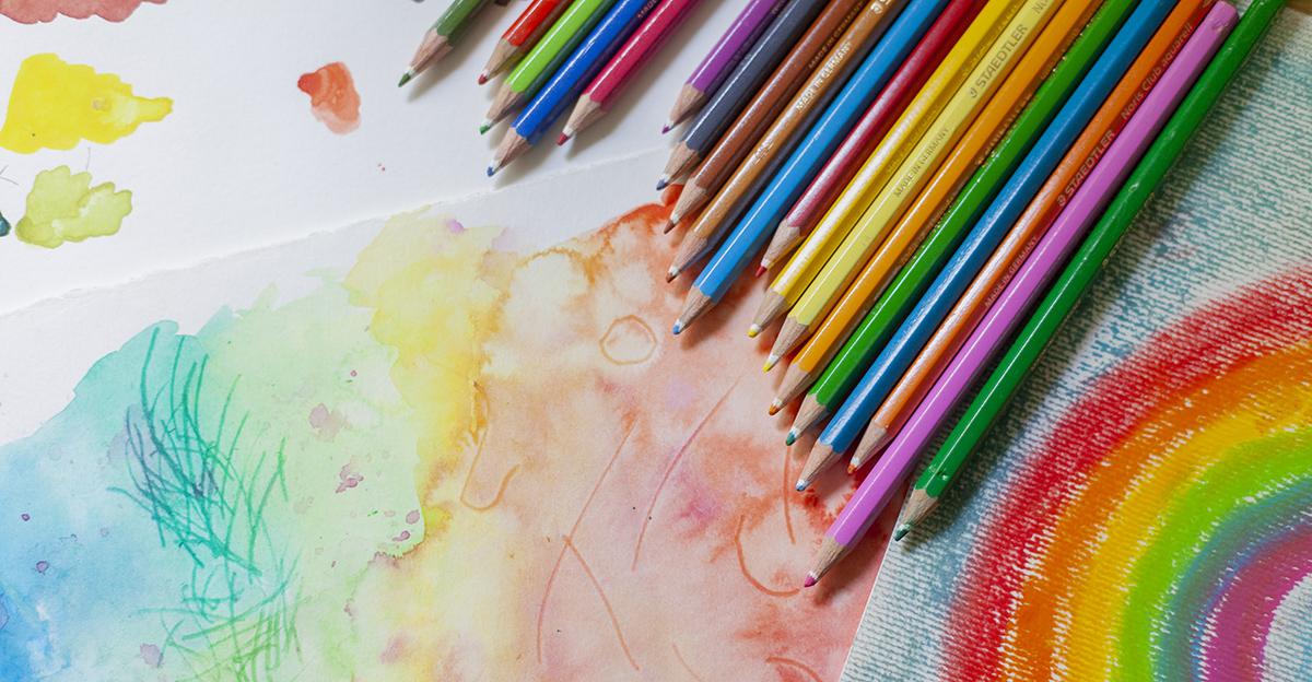 colored pencils on a background of white art paper with displaying different coloring techniques