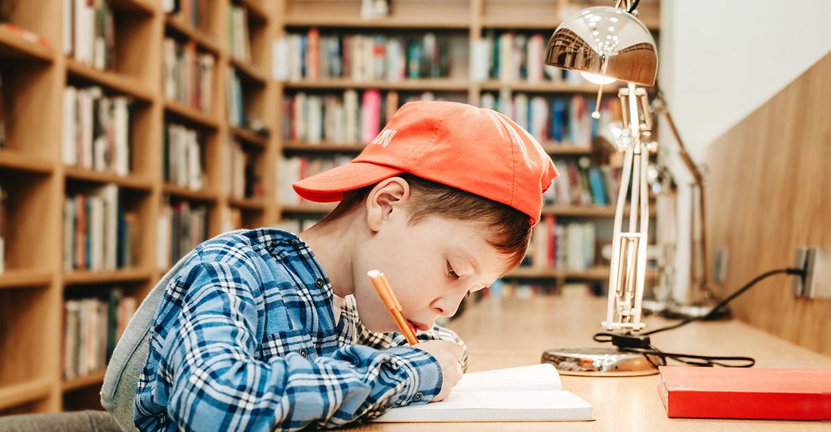 young boy in a red hat, in a library doing homework, soft lighting