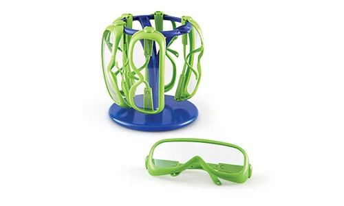 set of green child safety glasses on a blue stand