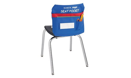 classroom chair with a blue seat pocket for storage