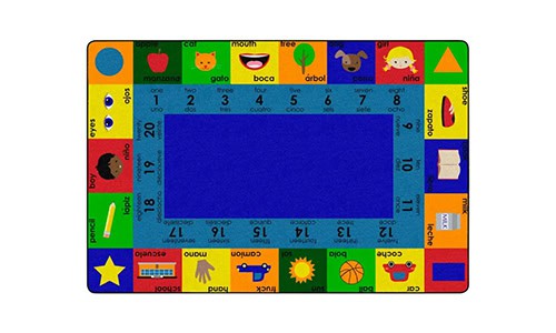 colorful rectangle rug with words, pictures, and numbers in english and spanish