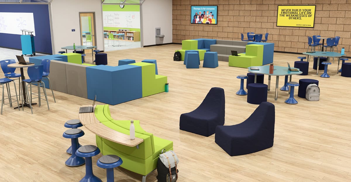 rendered image of a learning space with soft seating, chairs and tables, and open spacing