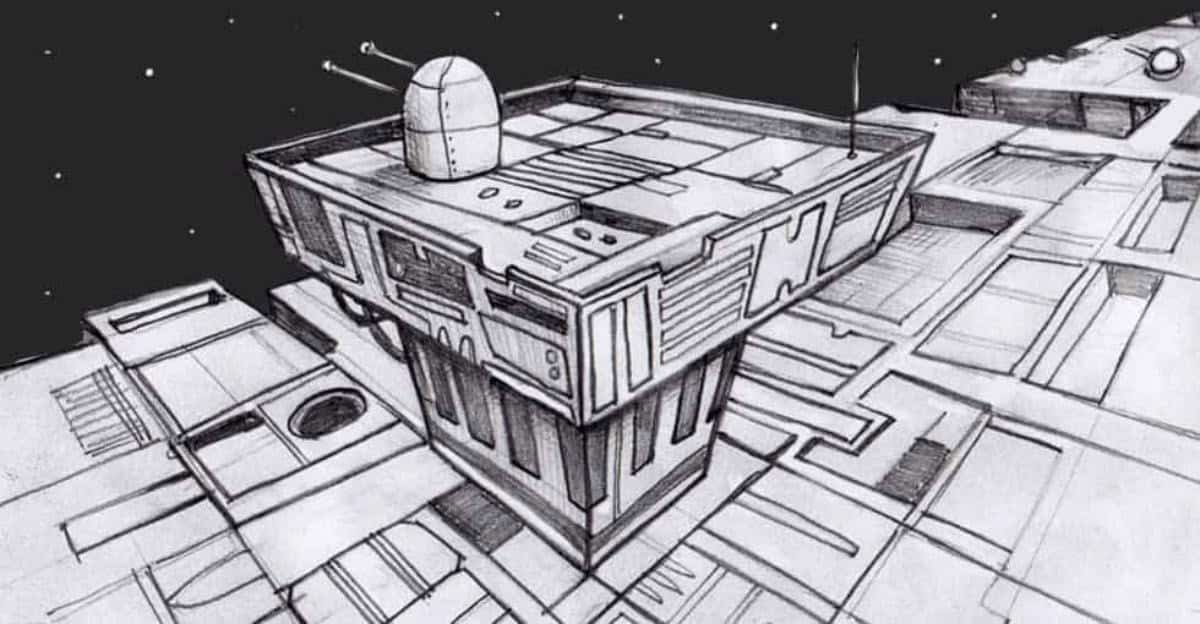 sketch drawing of a spaceship to show how to draw multiple perspectives and distances