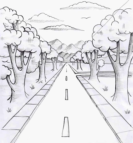 sketch drawing of a road and trees with mountains in the distance to illustrate one point perspective technique