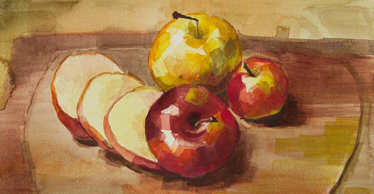 still life watercolor painting of apples on a cutting board, one apple is sliced