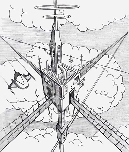 sketch of a space station in the clouds to illustrate three point perspective drawing