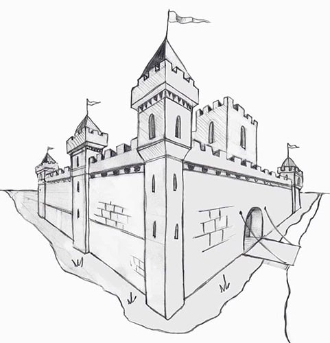 sketch drawing of a castle to illustrate two point perspective drawing