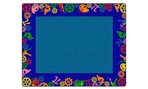 blue rectangular carpet with colorful gears around the edge