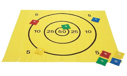 yellow mat with rings and increasing point numbers for beanbag toss games