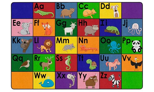 colorful carpet with upper and lower case alphabet and animals in each square