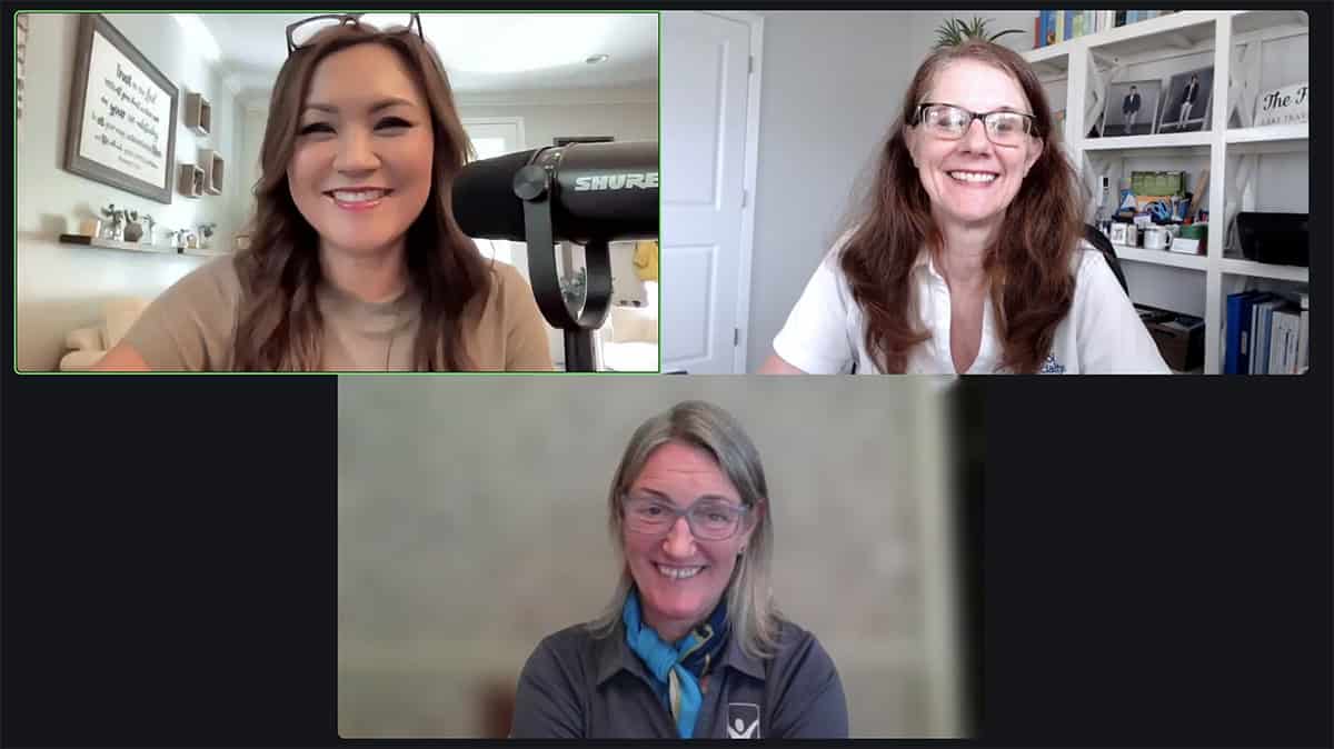 image of three people in a video call for a podcast