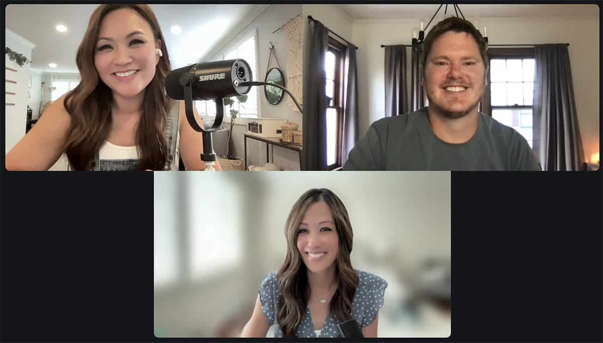 podcast host interviewing two guests over video call