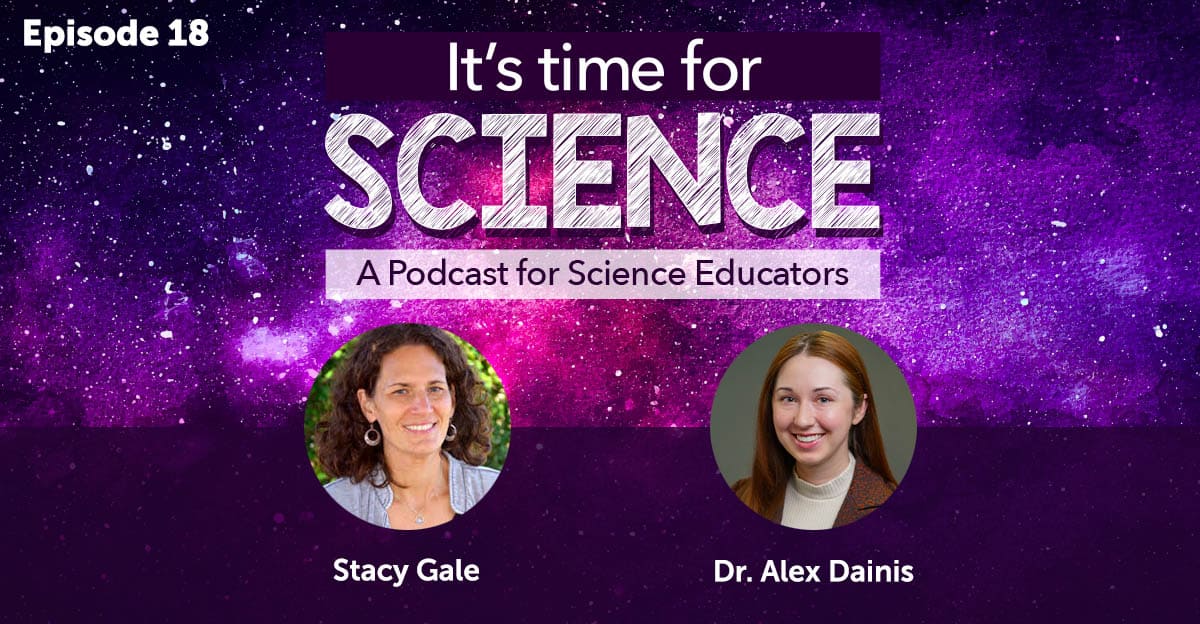 Circular pictures of two podcast guests and the title It's Time for Science against a purple nebula background