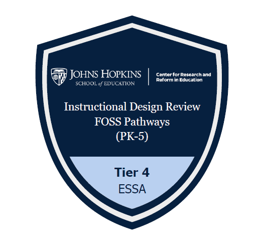 A two tones blue badge displaying the Johns Hopkins School of Education ESSA Certification 