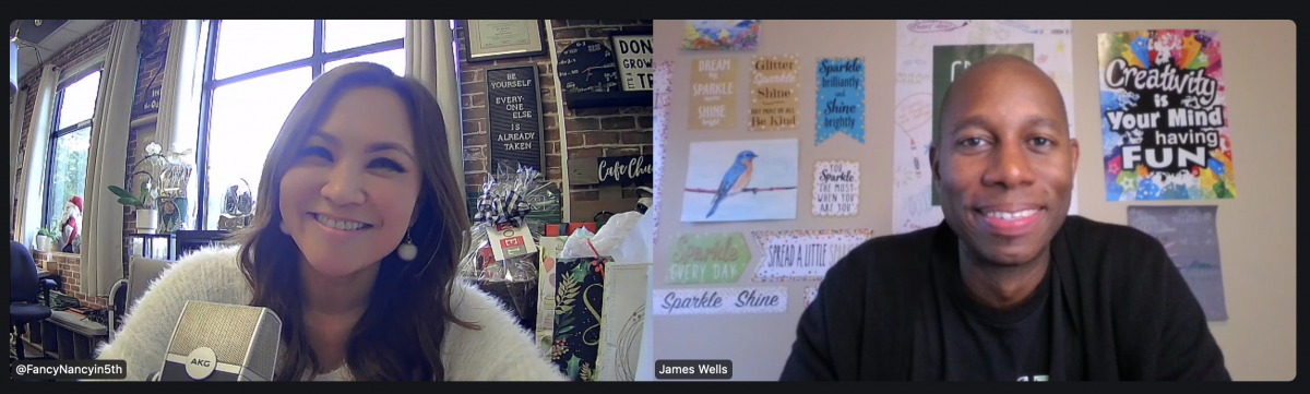 Two screens, each showing a teacher in their classroom setting. On the left is Nancy Chung and on the right is James Wells.