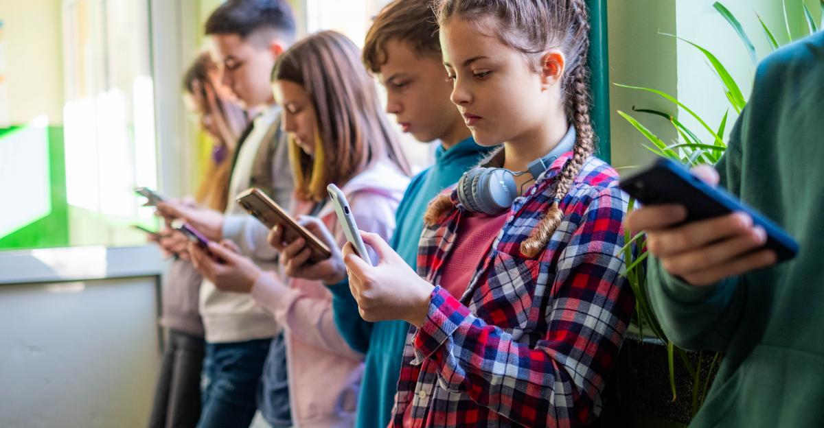 Teenage students are standing in the school hallway, all looking at their phones.