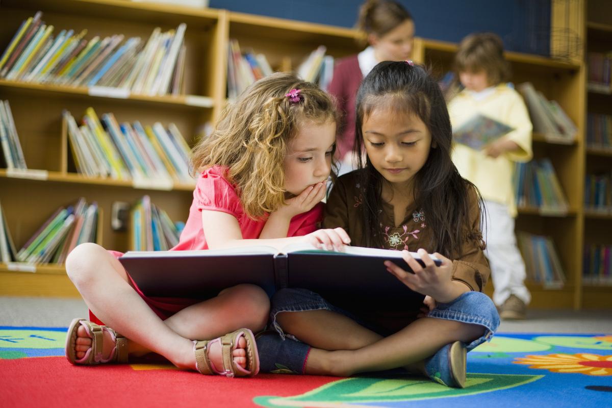 Girls Reading Book in Library